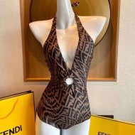 FENDI European and American 2024 Summer New Sexy Backless V-shaped One Piece Swimsuit Women's Instagram Style Celebrity Vacation Photography Swimsuit