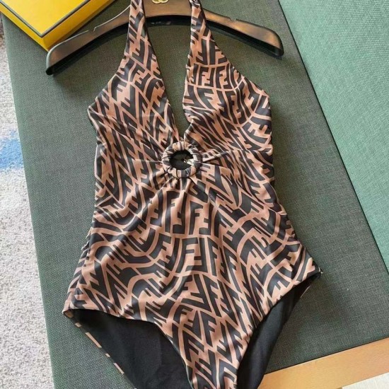 FENDI European and American 2024 Summer New Sexy Backless V-shaped One Piece Swimsuit Women's Instagram Style Celebrity Vacation Photography Swimsuit