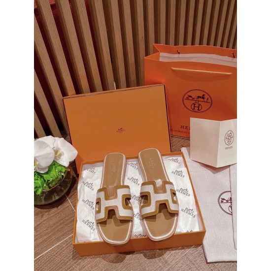 Hermes H-shaped splicing fabric flat bottomed casual beach slippers