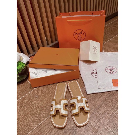 Hermes H-shaped splicing fabric flat bottomed casual beach slippers