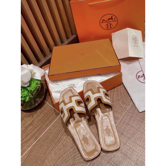 Hermes H-shaped splicing fabric flat bottomed casual beach slippers