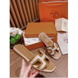 Hermes H-shaped splicing fabric flat bottomed casual beach slippers