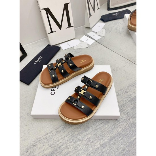 Celine Retro trendy sandals Flat bottomed rivet beach shoes