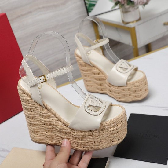 Valentino Slope heeled hemp rope sole sandals Luxury Fashion Round Head Shoes