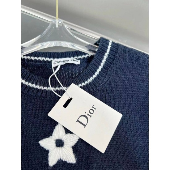 Dior Five pointed Star Embroidered Knitted Short sleeved Woolen sweater