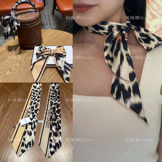 Dior Leopard print silk scarf tied bag decoration ribbon French hair tie ribbon Western style neck scarf for women