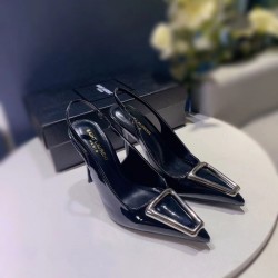 YSL Sharp pointed metal square buckle internet famous single shoe Naked temperament women's slim high-heeled toe sandals