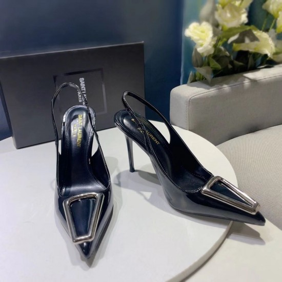 YSL Sharp pointed metal square buckle internet famous single shoe Naked temperament women's slim high-heeled toe sandals