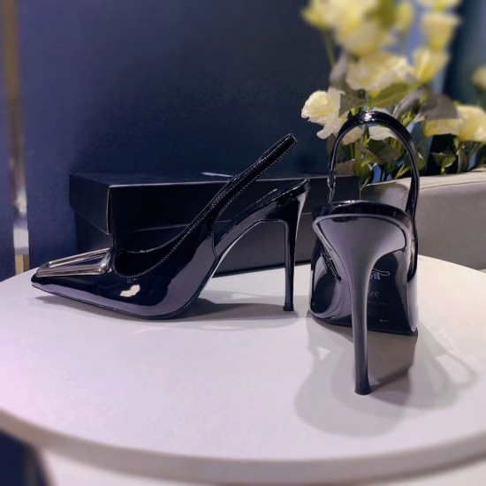 YSL Sharp pointed metal square buckle internet famous single shoe Naked temperament women's slim high-heeled toe sandals