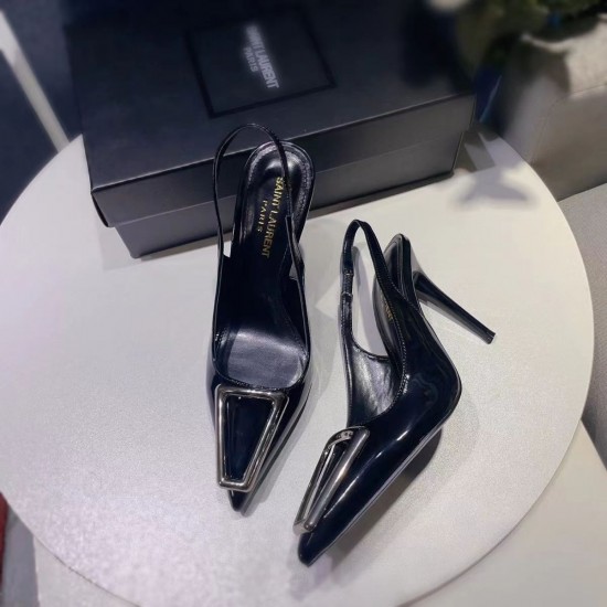 YSL Sharp pointed metal square buckle internet famous single shoe Naked temperament women's slim high-heeled toe sandals