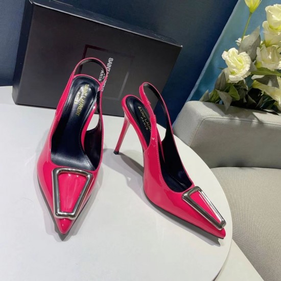 YSL Sharp pointed metal square buckle internet famous single shoe Naked temperament women's slim high-heeled toe sandals