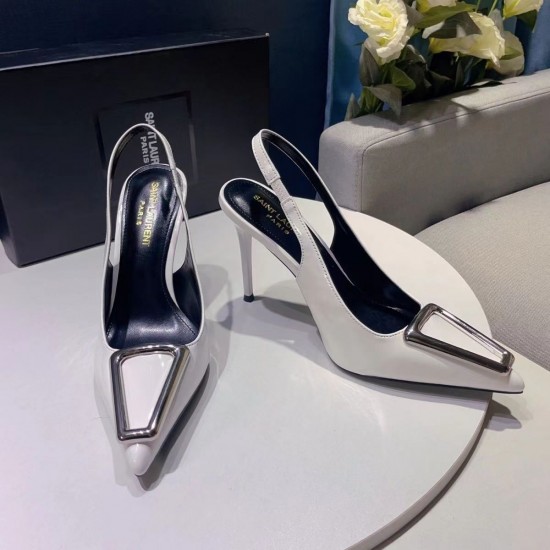 YSL Sharp pointed metal square buckle internet famous single shoe Naked temperament women's slim high-heeled toe sandals