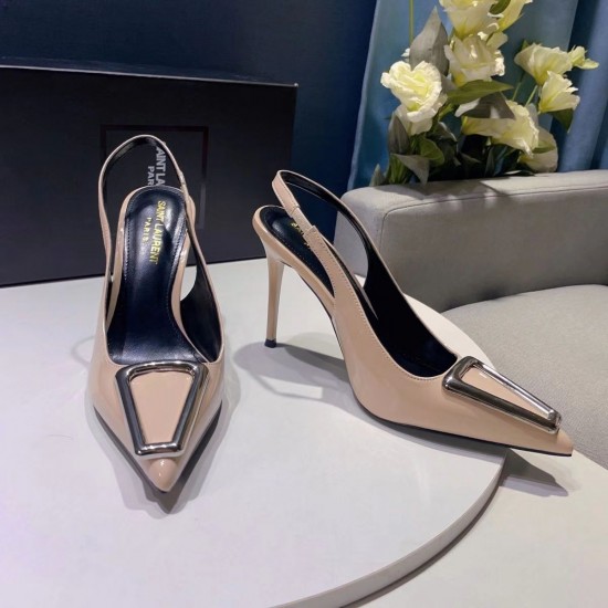 YSL Sharp pointed metal square buckle internet famous single shoe Naked temperament women's slim high-heeled toe sandals