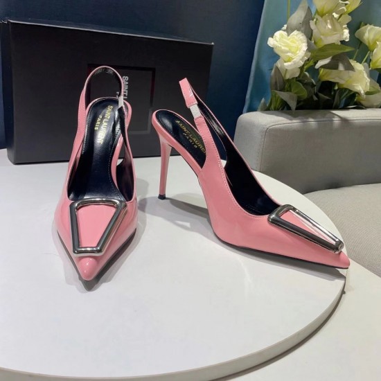 YSL Sharp pointed metal square buckle internet famous single shoe Naked temperament women's slim high-heeled toe sandals