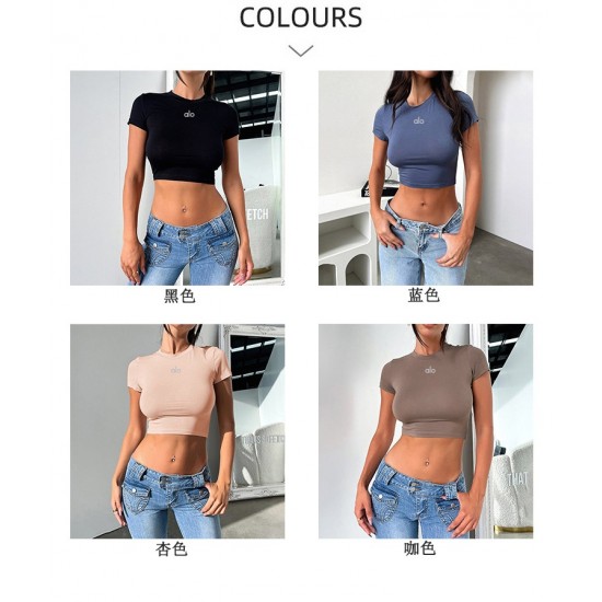 Alo yoga clothes for spring and summer Solid color slim fit cropped short sleeved top