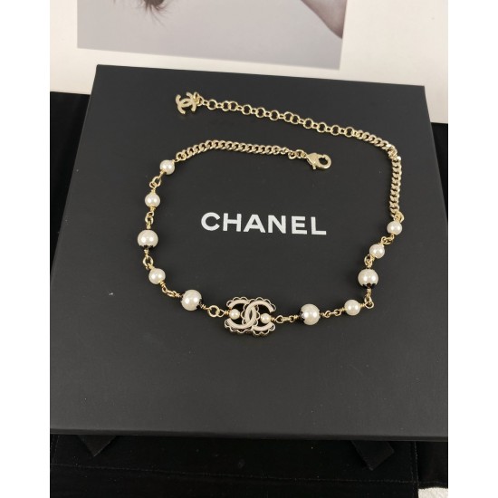 Chanel Black and white fashion trend double CC letter drip enamel pearl Necklace