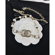 Chanel Black and white fashion trend double CC letter drip enamel pearl Necklace