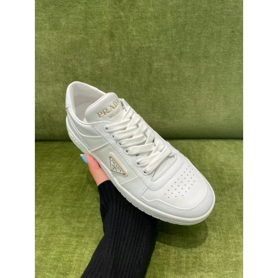 Prada Downtown Perforated Leaghter Sneakers Triangle buckle couple style Shoes