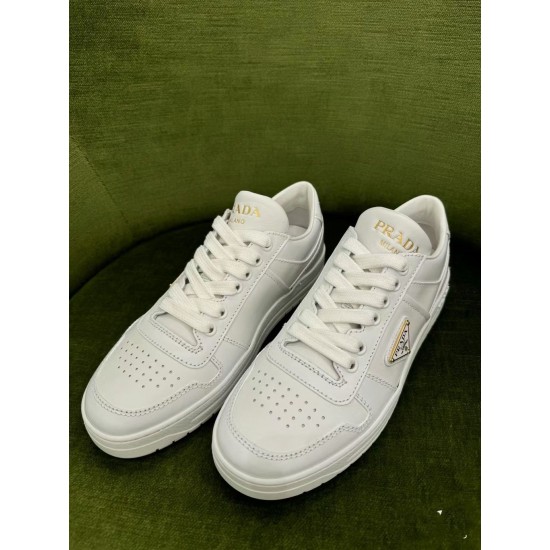 Prada Downtown Perforated Leaghter Sneakers Triangle buckle couple style Shoes