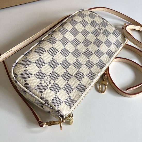 LV  White checkered mahjong bag with classic zipper, single shoulder diagonal cross bag