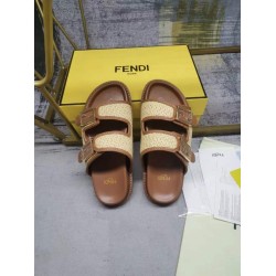 FENDI FF decorative buckle FF patternin raffia and leather slippers