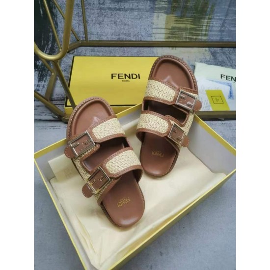 FENDI FF decorative buckle FF patternin raffia and leather slippers