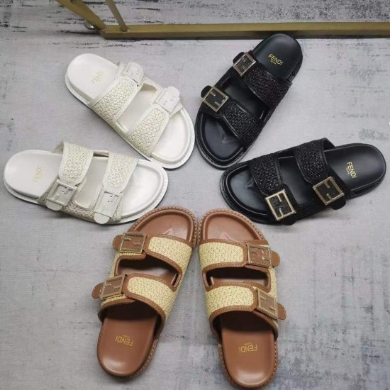 FENDI FF decorative buckle FF patternin raffia and leather slippers