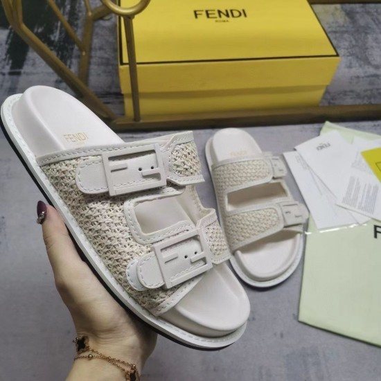 FENDI FF decorative buckle FF patternin raffia and leather slippers